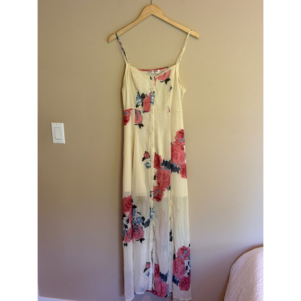 Lottie & Holly Floral Maxi Dress Cream Pink Blue Rose Lace Up Back‎ Medium